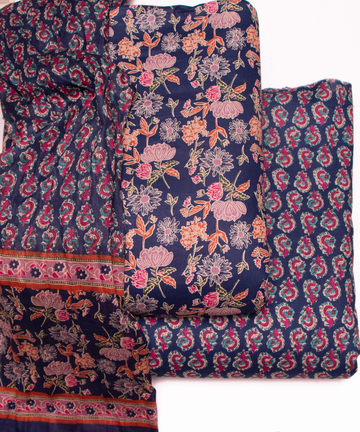 Navy Blue Floral Print Cotton Suit